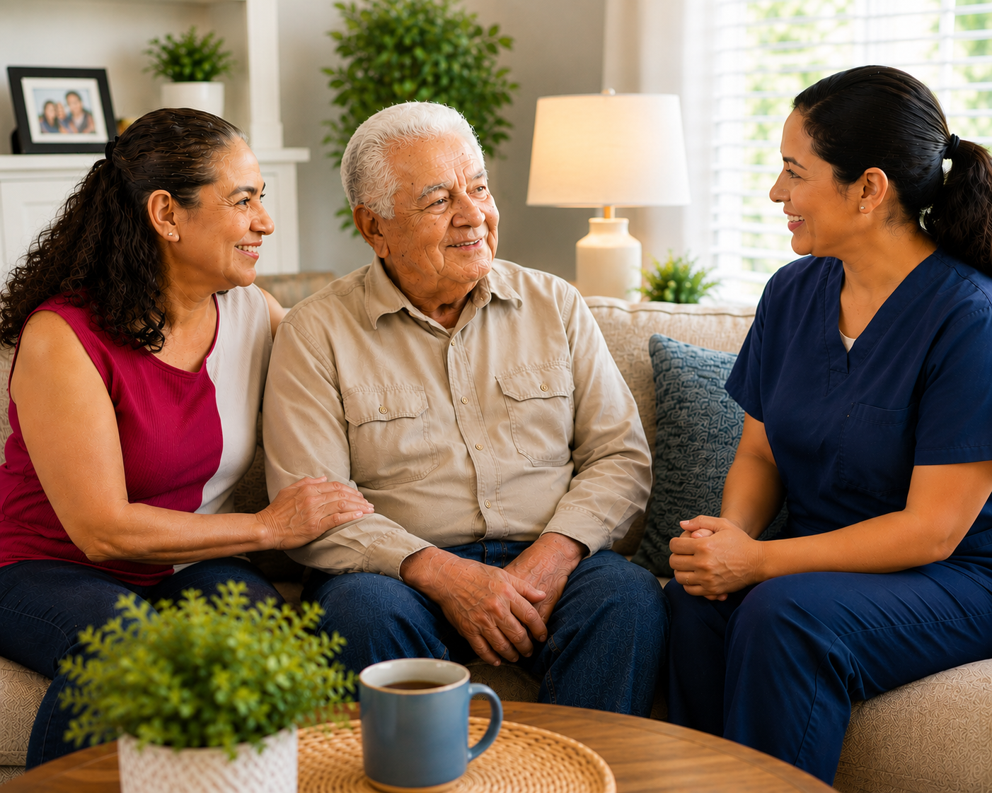Caregiver with elderly couple in living room