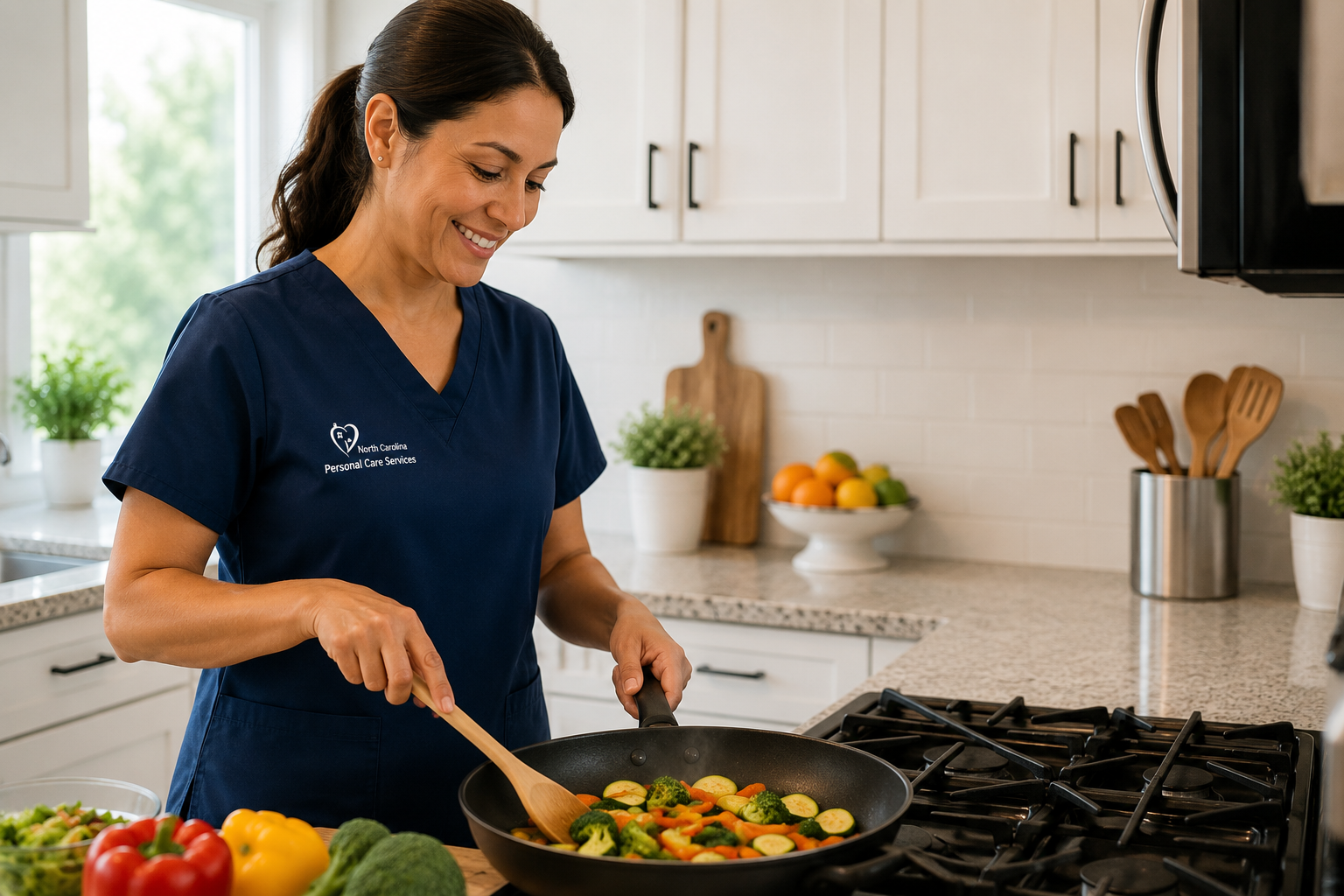 Caregiver preparing a meal for a senior client in the kitchen