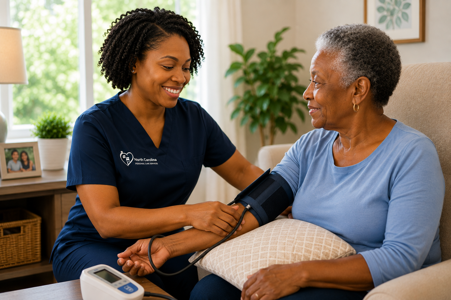 Caregiver providing compassionate memory care support to a senior